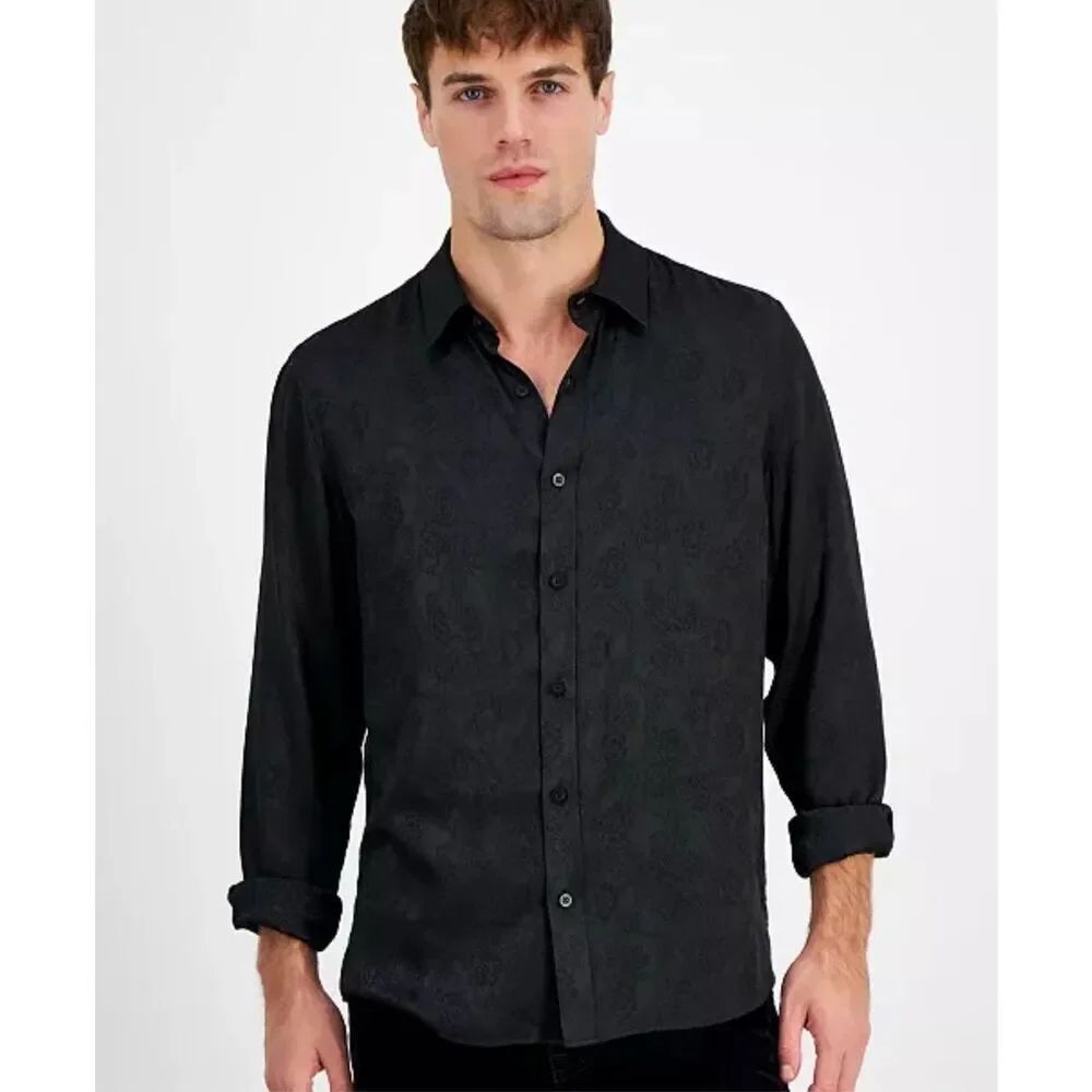 Guess NWT Long Sleeve Button Down Bowery Paisley-Print Shirt Jet Black Medium